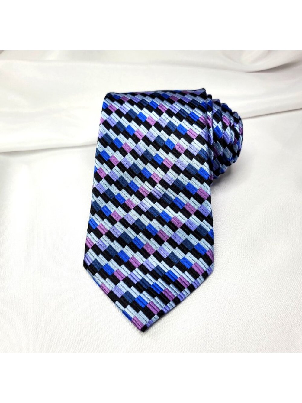 Pronto Uomo Couture Mens Silk Tie Black Blue Purple Geometric Pattern 58.5" Long